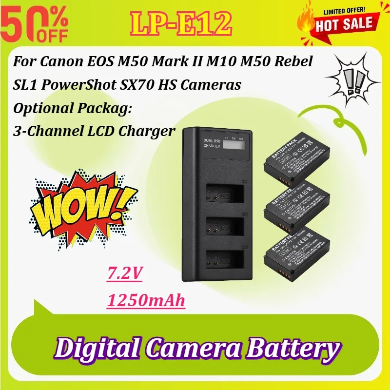 

3-Pack LP-E12 Battery with Triple LCD Charger for Canon EOS M50 Mark II M10 M50 Rebel SL1 PowerShot SX70 HS Cameras