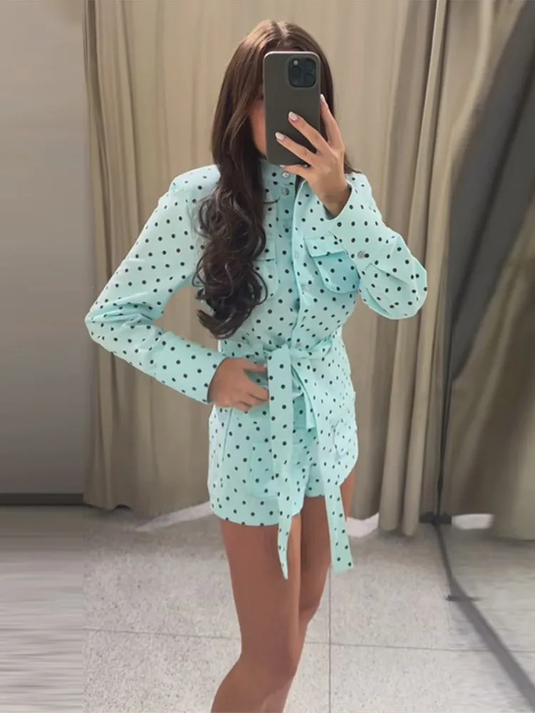 Polka Dot Shorts Set Women Stand Collar Long Sleeve Tie Waist Top High Waist Side Pockets Pants 2026 Summer Casual Chic Outfit - Image 2