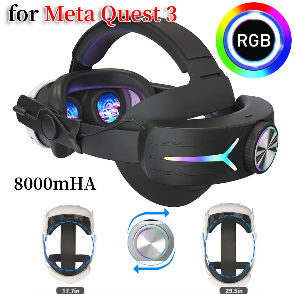 Head Strap with 8000mAh Battery for Meta Quest 3 Comfort Adjustable Headwear Charging Headset Enhanced Support Elite Head Strap