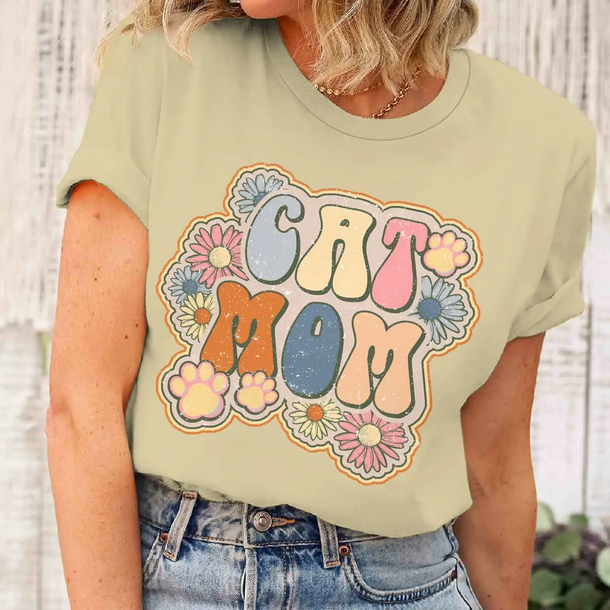 

Vintage Cat Mom And Flower Print T Shirt Women Bohemia Wildflower Short Sleeve Streetwear Fun Cat Mom Life Tee Casual Female Top