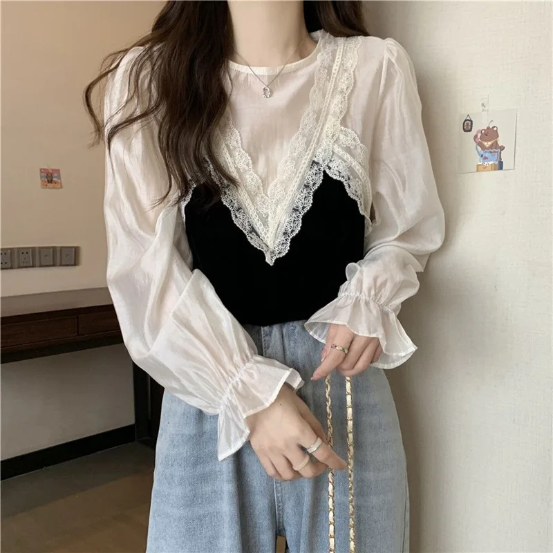 Korean Chic Sweet Lace Patchwork Sexy See Through Tops Blouses for Women Fashion Casual Street Loose Long Sleeve Shirts Clothing