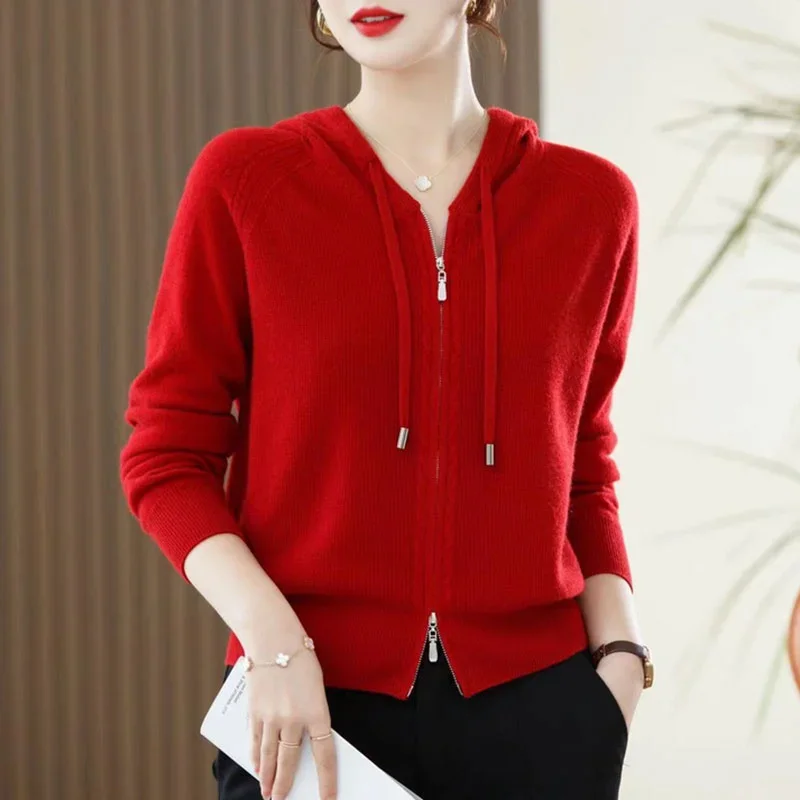 

Pop Pop Spring Autumn Outerwear Cashmere Sweater Hooded Cardigan Women's Knitted Outerwear Long Sleeved Loose Solid Color Sweate
