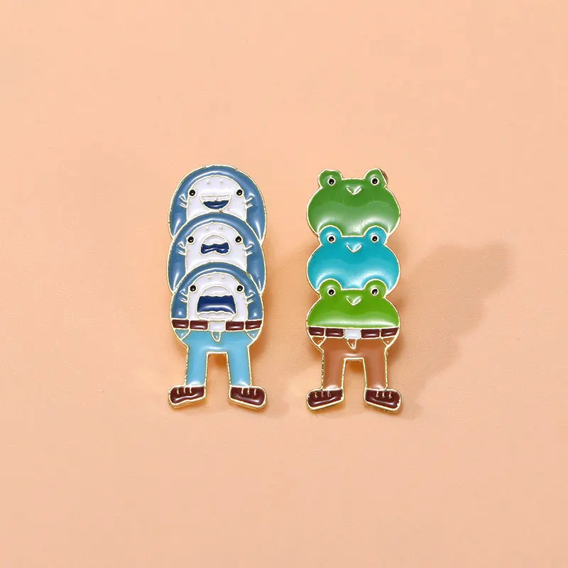 Cute cartoon animals, three frogs, brooch, funny design, shark, stacked high metal badge, backpack decoration