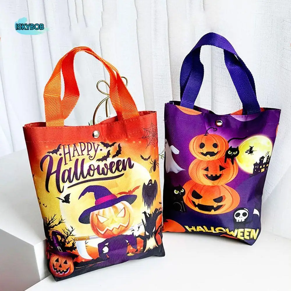 

Handheld Halloween Candy Tote Bag Pumpkin Pattern Design Drawstring/Snap Button Halloween Treat Bags Portable Lightweight