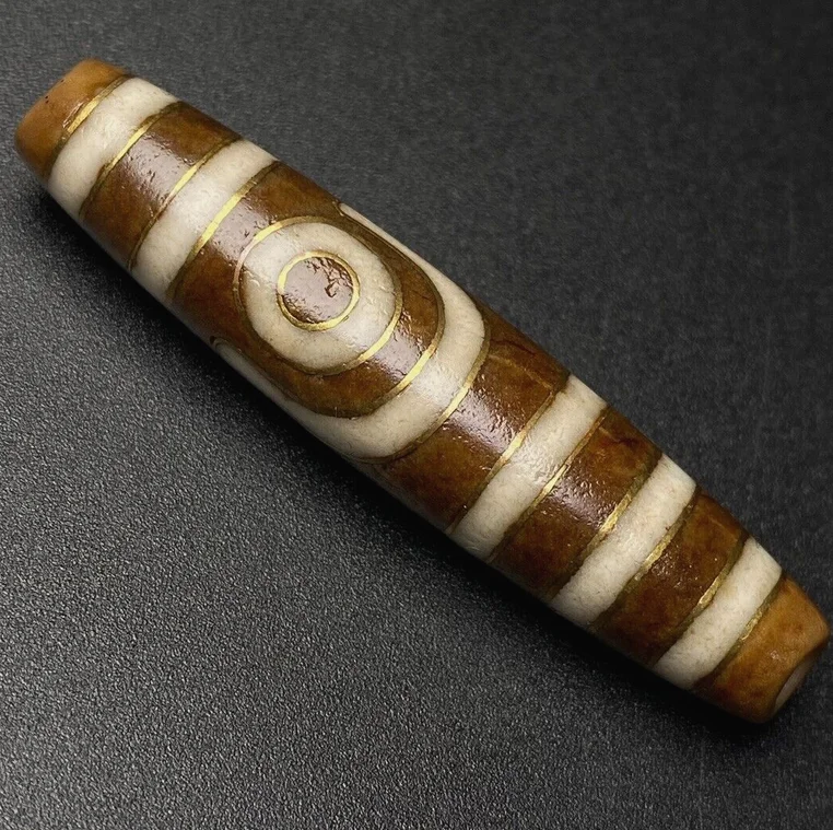 Ancient Tibetan DZI Beads Old Agate Inlaid Gold Wire 2 Eye Totem Amulet Pendant