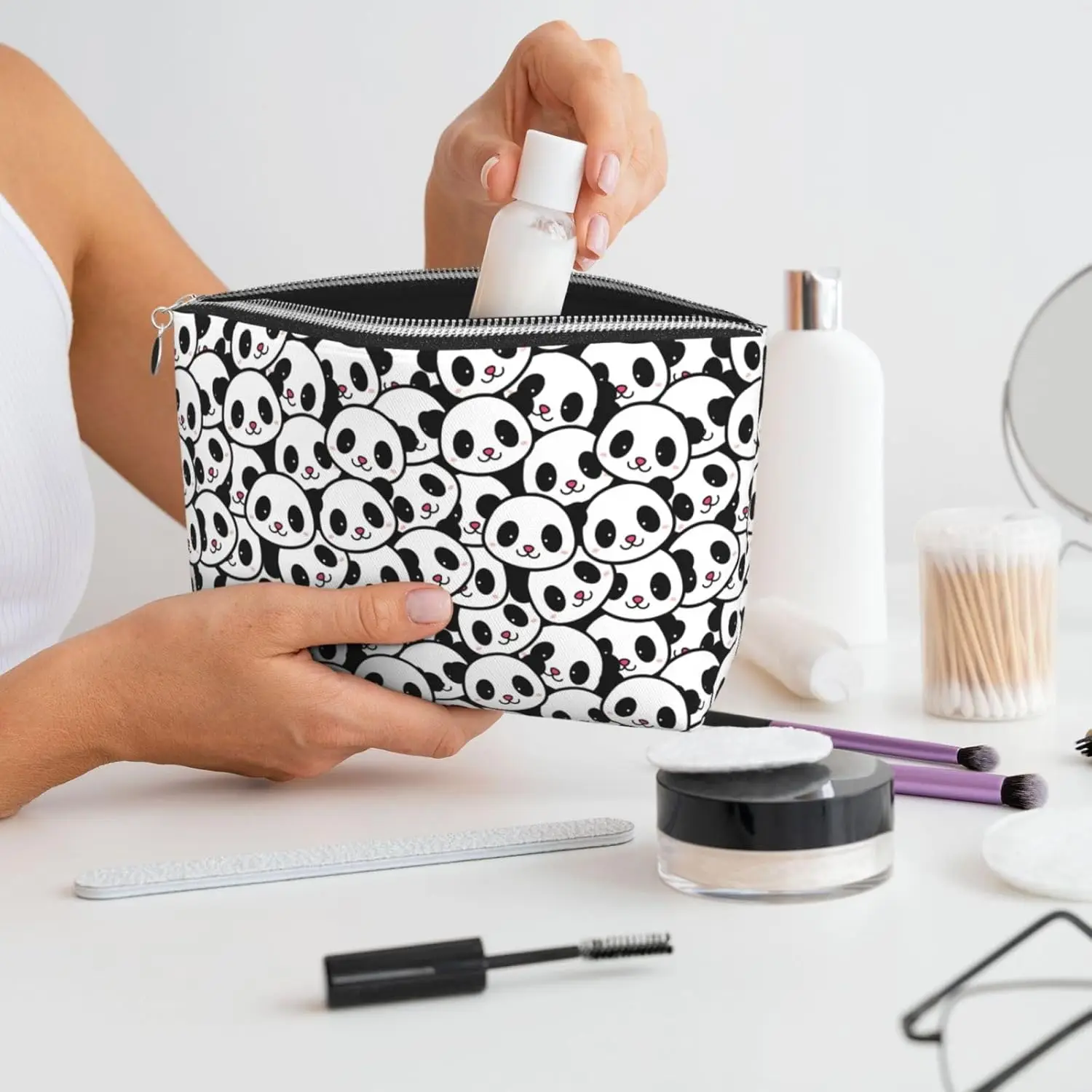 Bolsa de maquillaje facial de Panda bonito, artículos de tocador de tamaño de viaje para mujer, bolsa de aseo impermeable de cuero, elementos esenciales de viaje para champú, condición