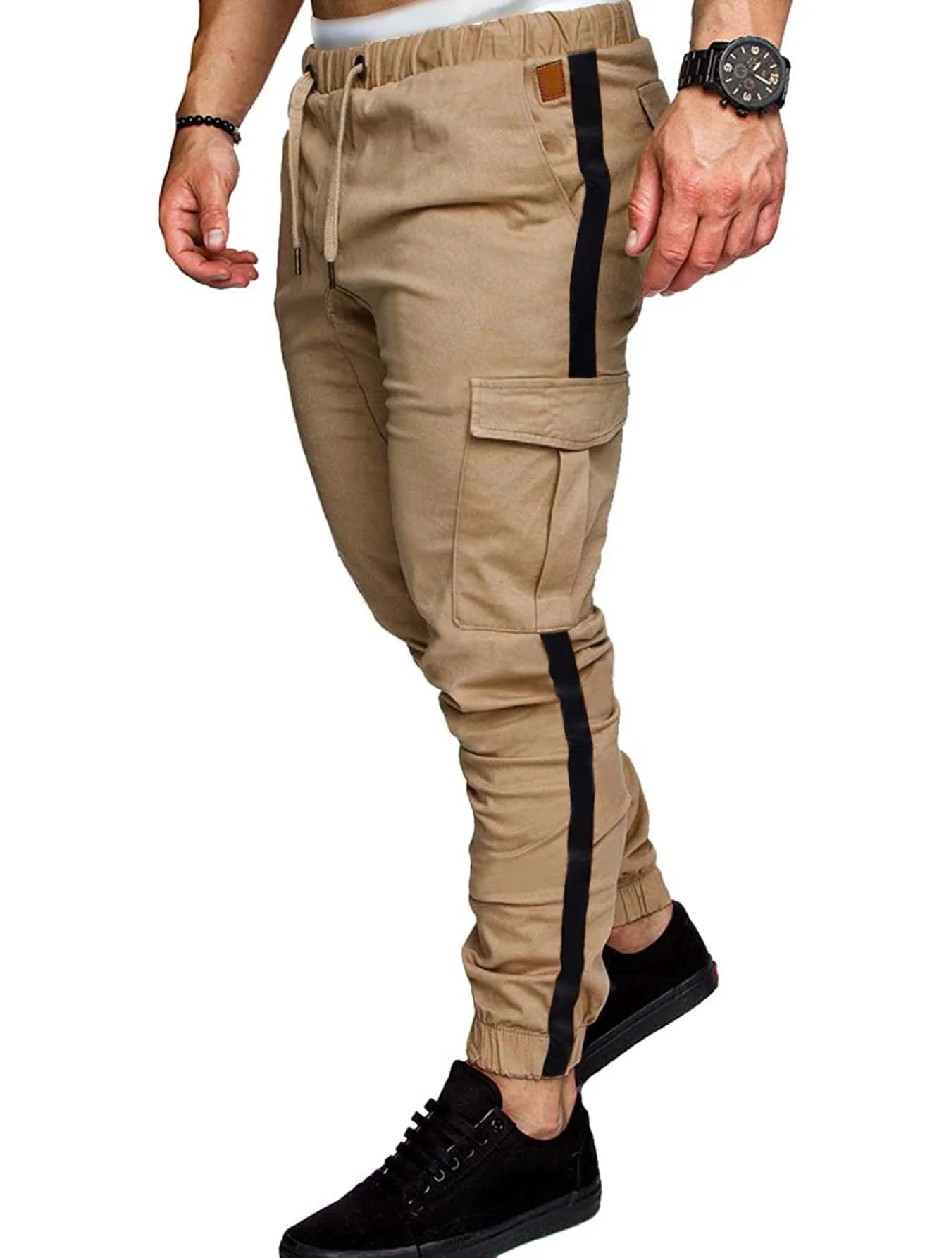 

Men's Khaki Cargo Jogger Pants with Side Tape Detail, Loose Fit Casual Wear