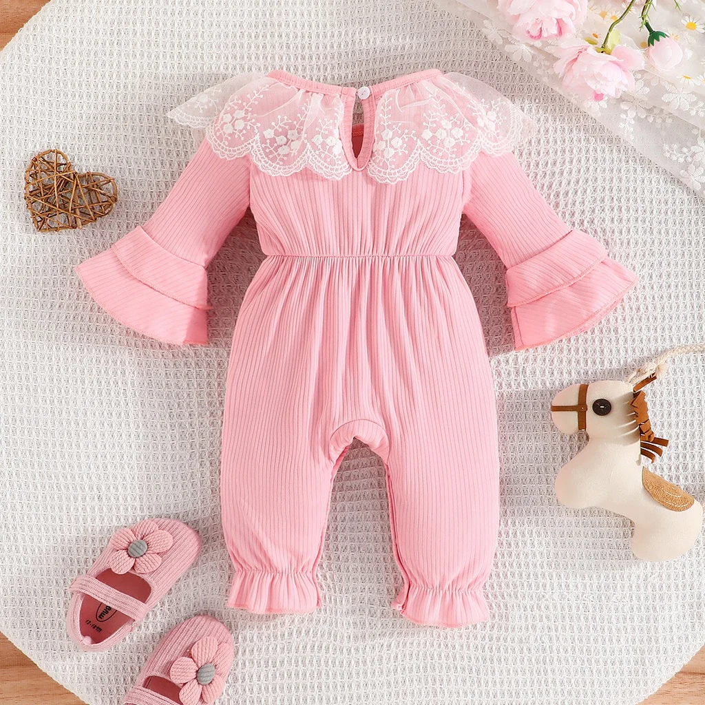 Baby Girl Newborn Onesies Romper 0-18 Months Toddler Clothing Infant Long Sleeve Cute Lace Collar Button Jumpsuit