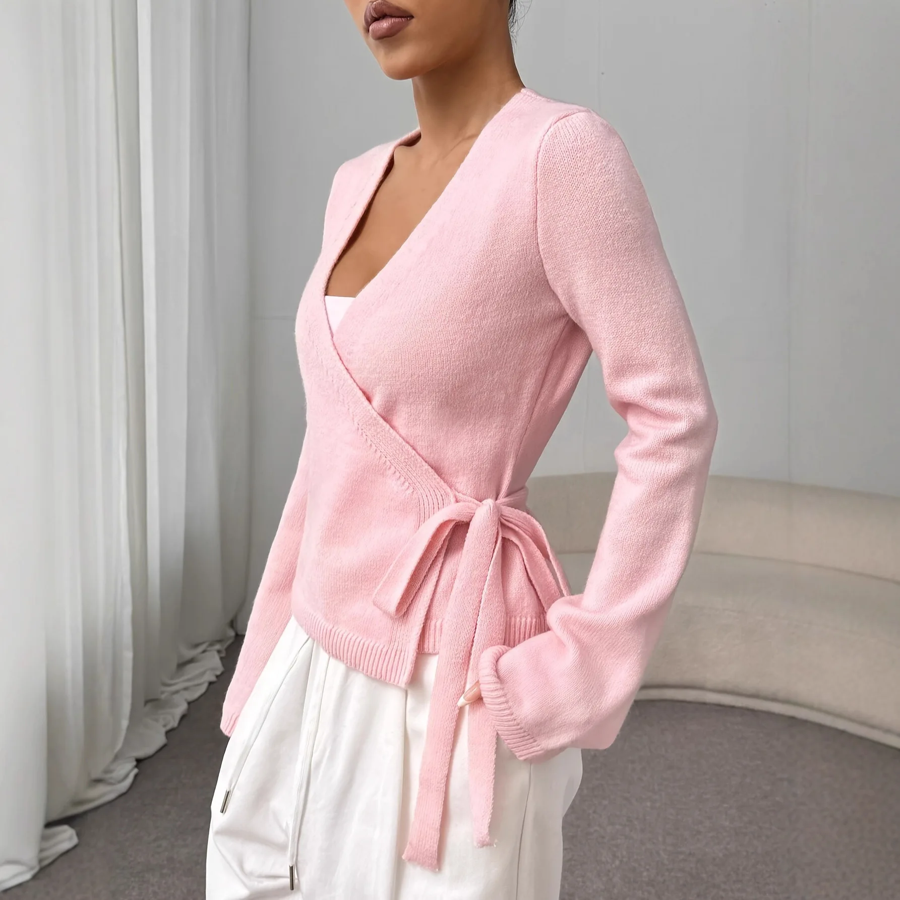 

Вязаный кардиган с запахом розового цвета, элегантный, на шнуровке, с длинными рукавами