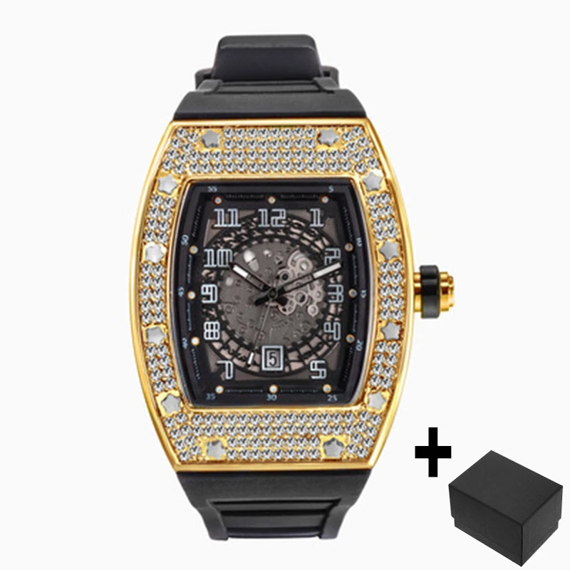 Hot Sell Fashion Tonneau Watch For Men Casual Silicone Strap Gold Quartz Wristwatch Hip Hop Iced Diamond Bling Watches Man Reloj