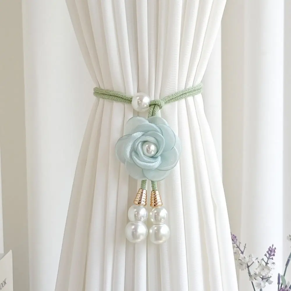 2Pcs Modern Floral Curtain Tiebacks Pearl Adjustable Curtain Ties 3D Flower Pearl Pendant Camellia Curtain Tiebacks