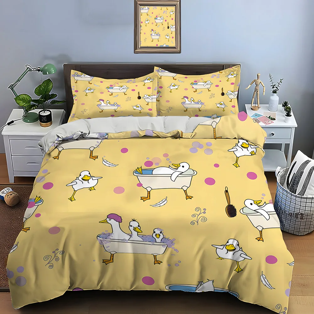 Interesting Duck Bathing Pattern Bedding Set for Kids Luxury Gift 3pcs Digital Print Comforter Set Soft Comfortable Breathable