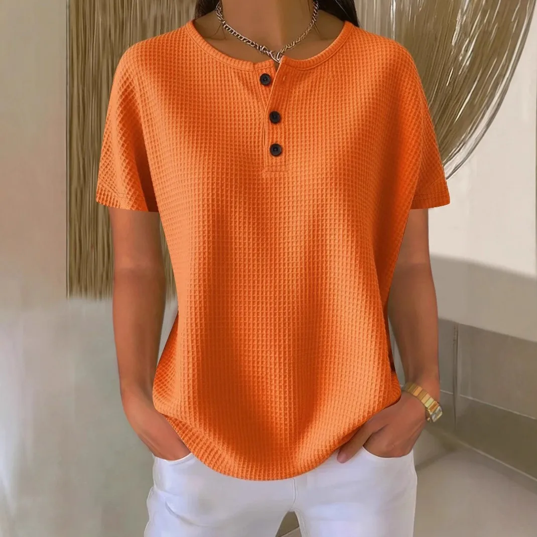 Women Short Sleeve T-shirt Crew Neck Solid Color Waffle Knit Button Front Oversized Fit Tee Curved Hem Clothing For Woman