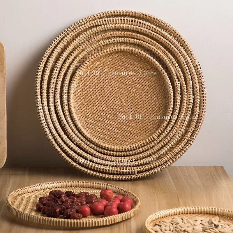 

Bamboo woven fruit plate tableware drain basket drying round basket handmade bamboo woven storage plate filter dust dustpan