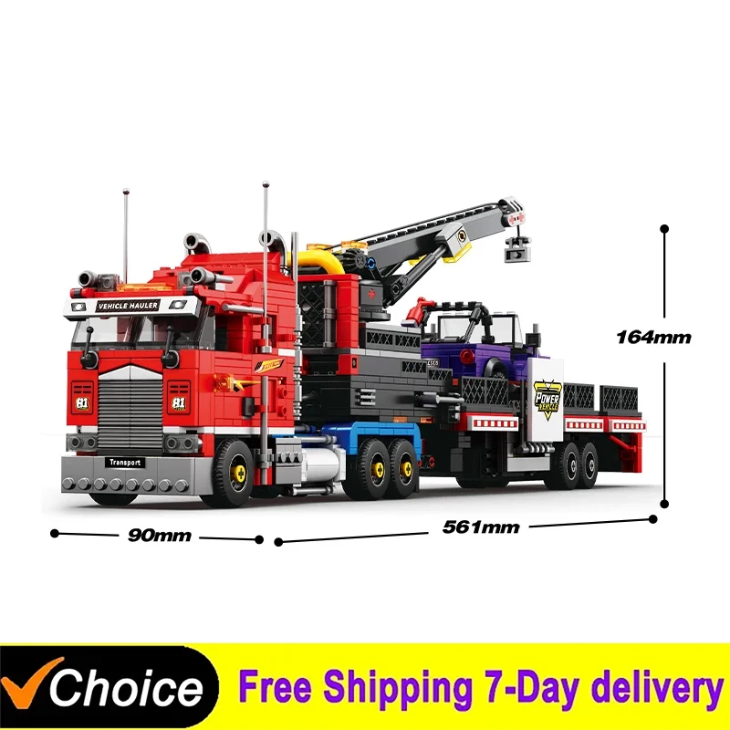 Reobrix Semi Truck Tractor Flatbed Trailer Building Blocks Flatbed trailer Mounted Crane Car Desktop Decor Toys Kids Gifts