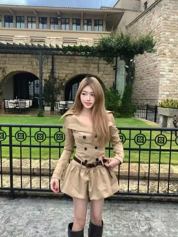 Rétro Ele Long Sve coupe-vent Dr marron Double bouton épissage taille cintrée fleur bourgeon ort jupe femme Faion