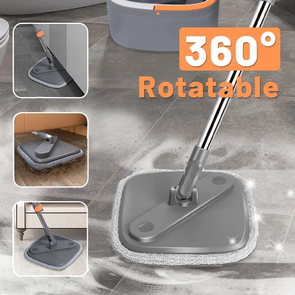 Spin mop and bucket set with self-separating dirty clean water system 360° rotating square mop head suitable for hardwood tile