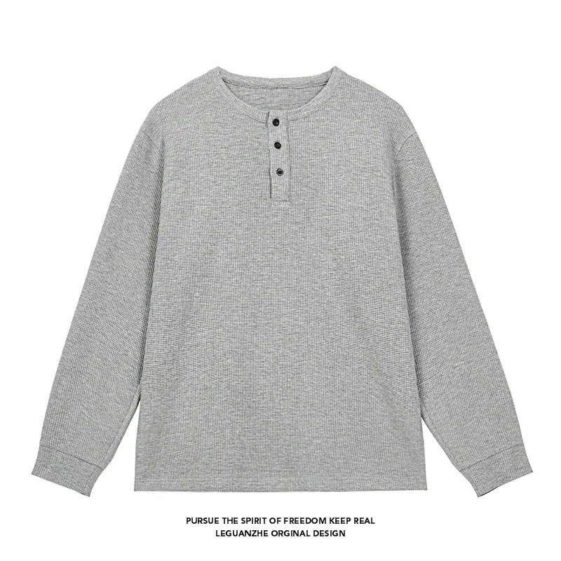 Casual Crew Neck Long Sleeve Henley For Men Waffle Knit Button Front Relaxed Silhouette Urban Daily Walking Clothing