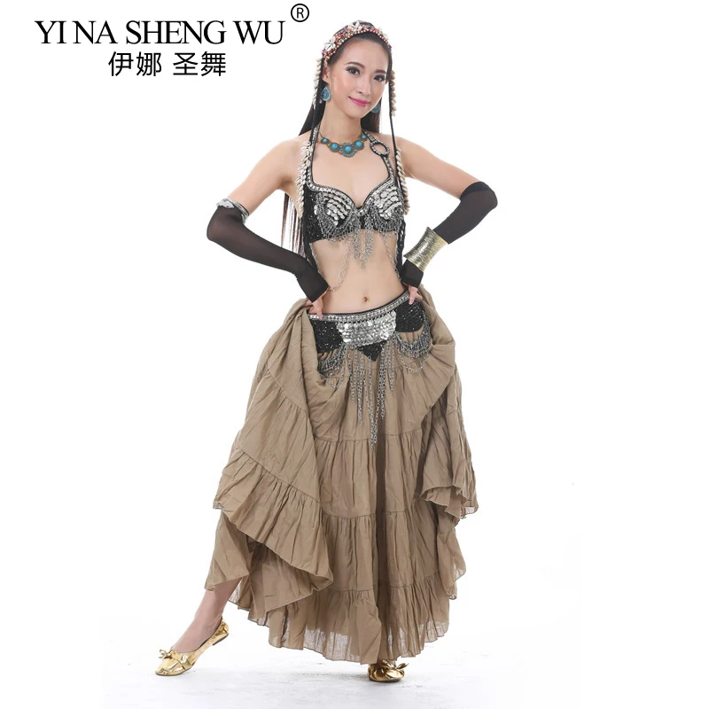 Nowy kostium do tańca brzucha Spódnice plemienne dla dorosłych kobiet Cygański taniec orientalny Lniana duża długa spódnica 720 stopni 12 kolorów
