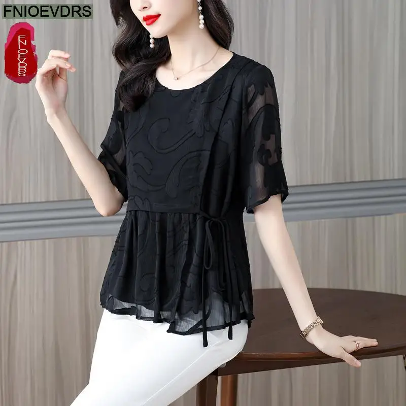 M-4XL 2023 Women European Style Elegant Office Lady Work Basic Shirt Belly Black Tunic Peplum Bow Tie Lace-Up Top Blouses