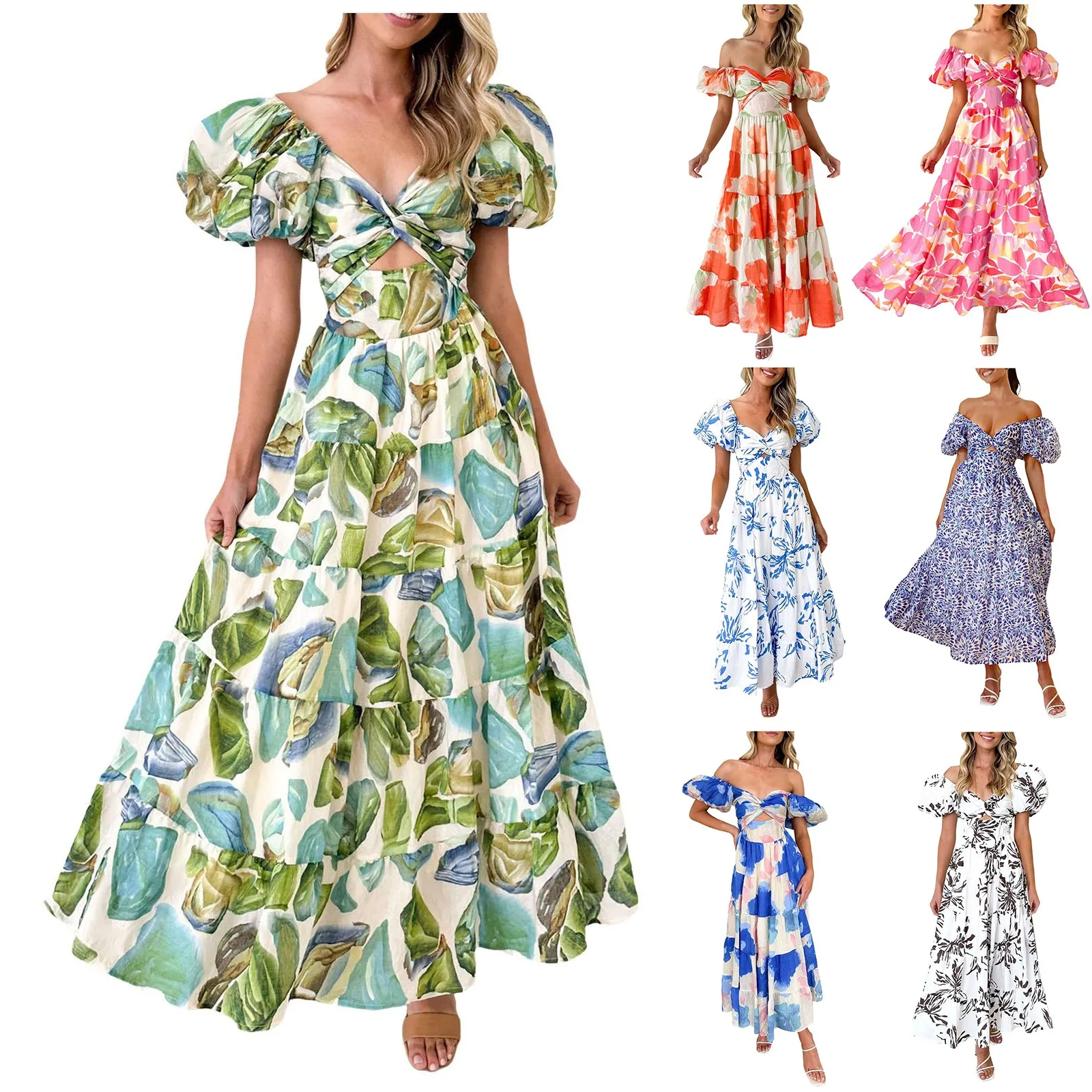 Damen Sommer formelles Kleid elegante Puffärmel Maxi Vestidos Blumendruck Kleid Damen Boho Vintage Party Abendkleid