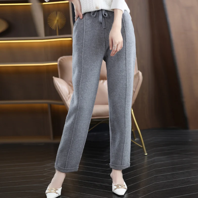 Woolen pants women wear knitted shorts 100% pure woolen pants casual autumn and winter slim solid color pants thick warm