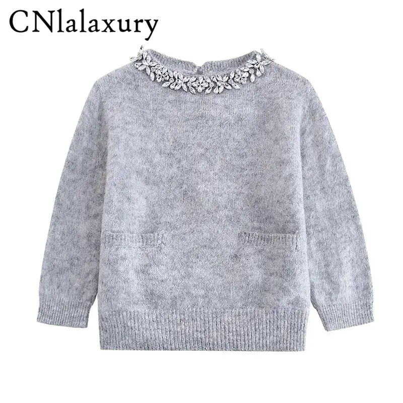 CNlalaxury 2024 Spring Women\'s Rhinestone O Neck Half Sleeves Knit Pullover Female Casual Soft Street Slim Short Sweater Jumper