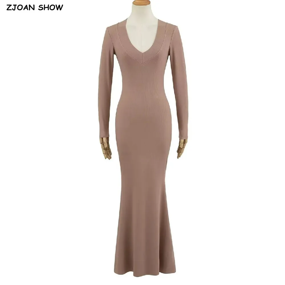 2025 Sexy V Collar Rib Knitted Rayon Cotton Long Mermaid Dress Women Full Sleeve Stretch Basic Bodycon Fishtail Robe Vestido