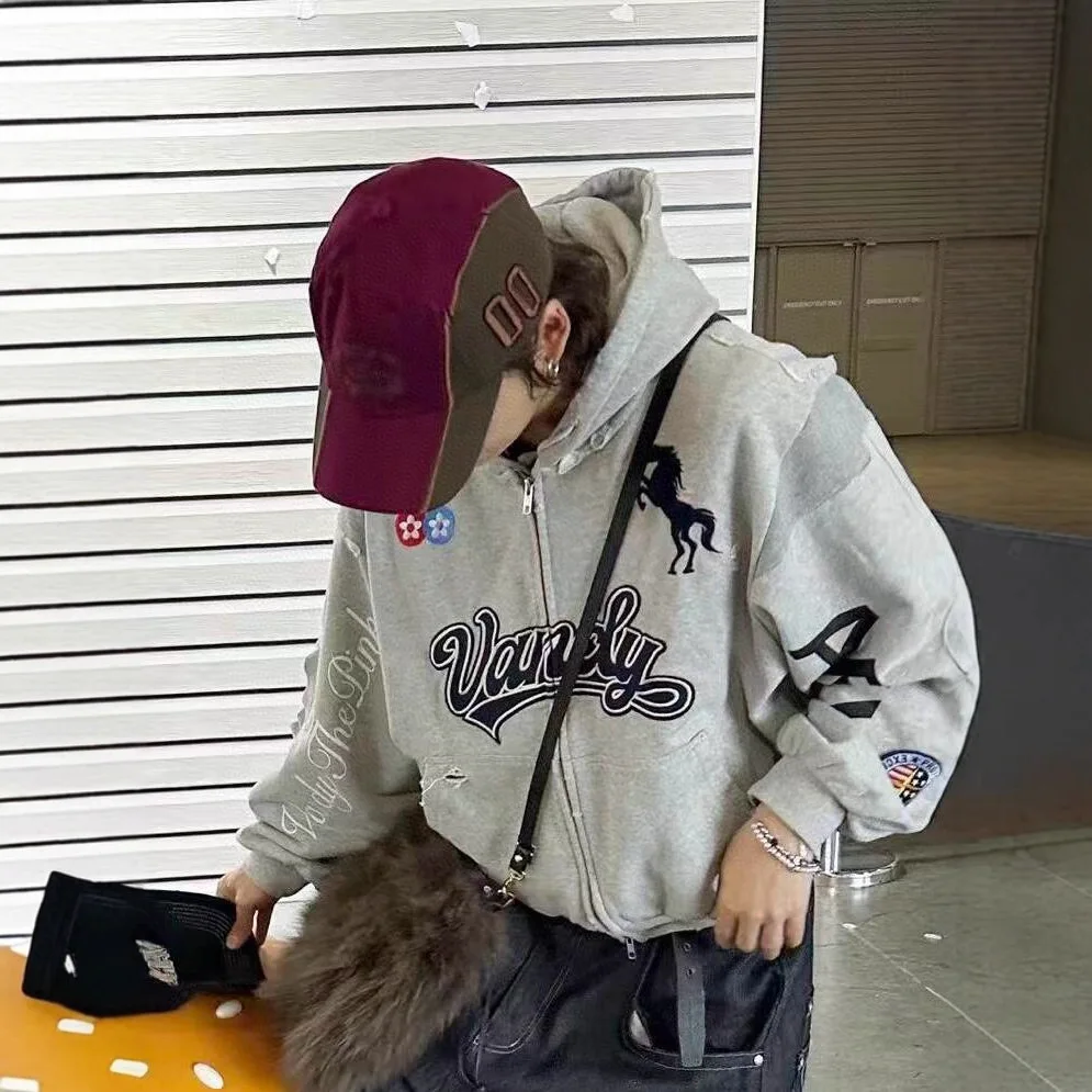 Protocol Index 2026 Limited Edition Collaboration Item - Weathered and Patched Design Racehorse Pattern  Zipper Hooded T-Shirt