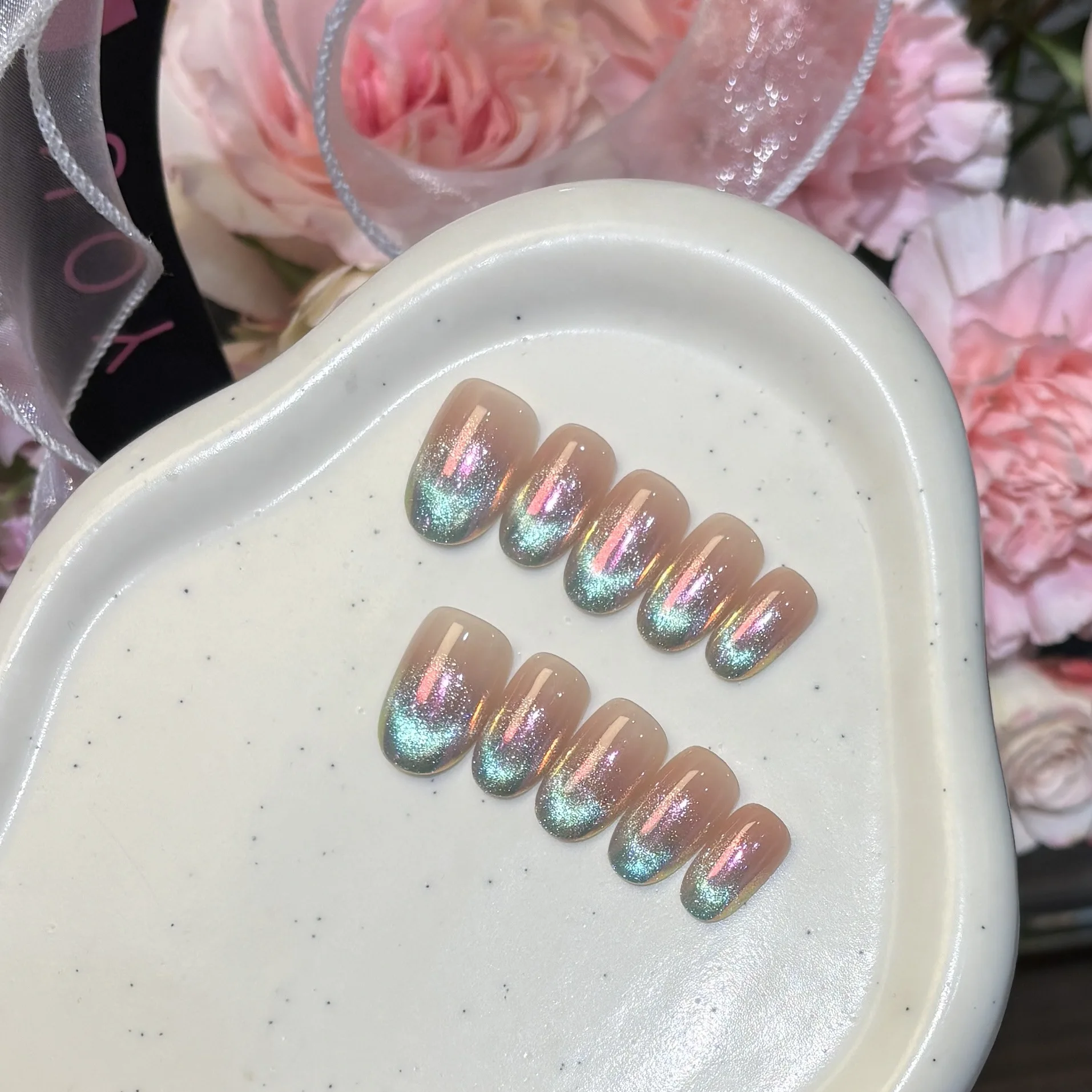 

10 шт., короткие овальные блестящие кошачьи глаза ручной работы, пресс для ногтей, балетный французский дизайн, гроб, милые накладные ногти, маникюр, носимые типсы для ногтей