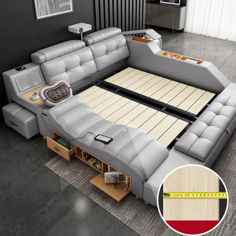 Luxury Queen Size Bed With Smart Technology And Genuine Leather / Multifunctional Ultimate Beds / Massage Marriage Bed Cama