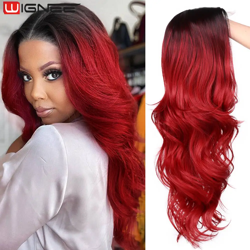 

WIGNEE Long Body Wave Wig Red Wig Synthetic Hair Wigs For Black Women Lace Wig Teal Hair Purple Wig Heat Resisatnt Cosplay Wigs