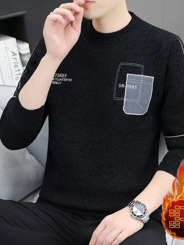 

Мужской вязаный свитер из высококачественного бархата с высоким воротником, на флисовой подкладке, повседневный, зимний, модный, с длинными рукавами