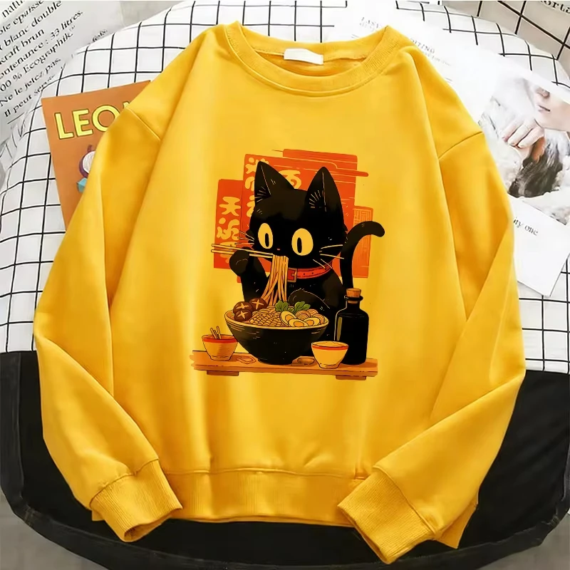 Funny Black Lamian Noodles Cat Japanese Anime Style Printed Long Sleeve Sweater Soft Round Neck Pullover Casual Dress view 5