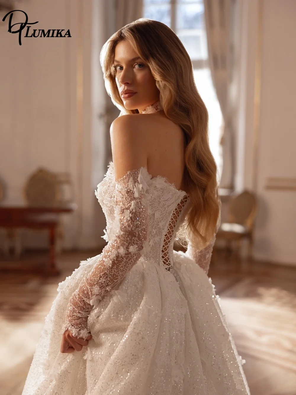 Dazzling Off The Shoulder 3D Floral Wedding Dress Sparkly Glitter A Line Bridal Gown Floor Length Customized Vestidos De Novia
