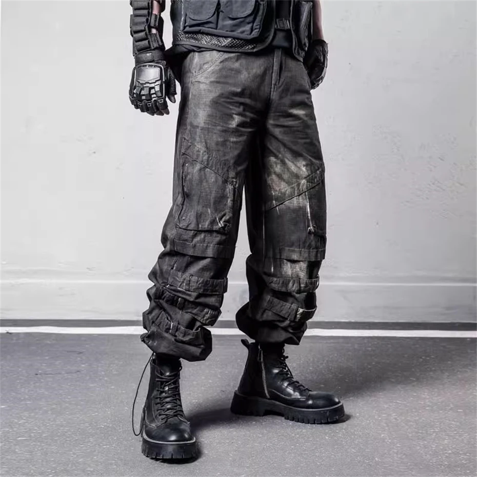 

Mens Thin Joggers Cargo Pant Functional Dirty Washed Baggy Wide-leg Trouser Men Streetwear Black Gray Punk Hip Hop Pant Techwear