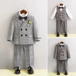 Boys Business Suit Spring Summer 2024 British Plaid Flower Child Wedding Outfits Gray Handsome Kids School Uniform Blazer Set