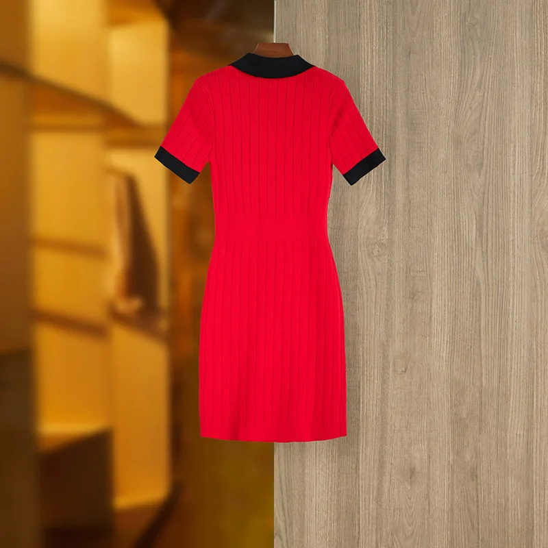 

Summer POLO neck short sleeved waistband casual knit dress with elegant and elegant design, mesh red and minimalist skirt