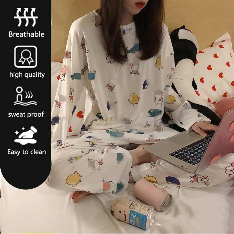 2pcs/Set Plus Size Women\'s Homewear Cute Cartoon Animal Student Pajamas Long-Sleeved Fall And Winter Long Pants Young Girls Clot