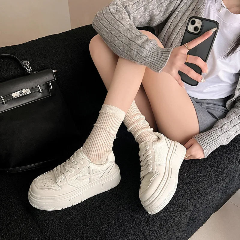 2024 New Academy Style Cowhide Casual Sports Shoes Round Toe Tied Cake Heel Little White Shoes Thick Sole Women's Flat Heels