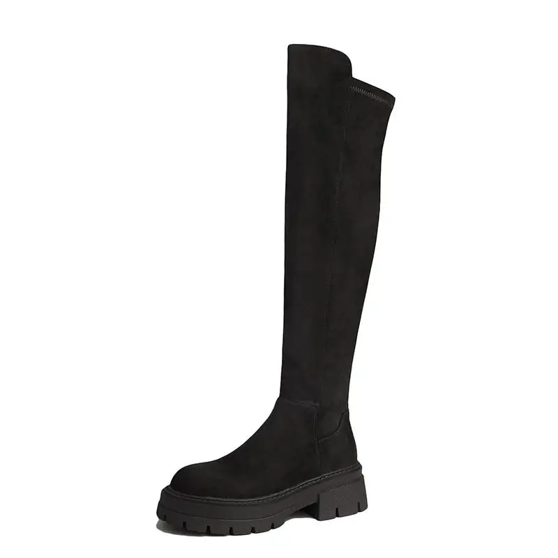 Krazing Pot Flock Round Toe Thick Bottom Platform Boots Winter Keep Warm Zipper Punk Design Leisure Fashion Over-the-knee Boots