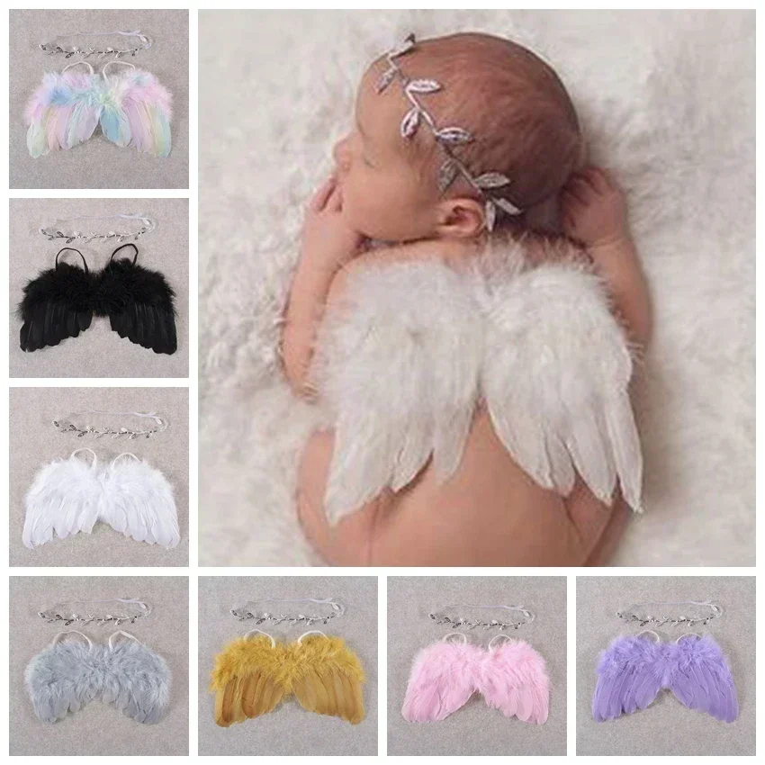 Juego de plumas de ala de Ángel con diadema de hoja para recién nacido, accesorios para fotos, souvenir para bebés y niños pequeños, 2 piezas por