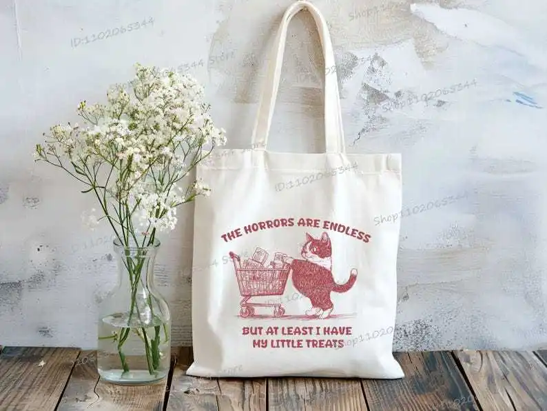 

The Horrors Are Endless... Vintage Cat Tote Bags Cat Lovers Gift Funny Cat Graphic Women Men Handbags Cute Kitten Shoulder Bag