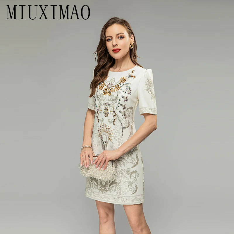 

MIUXIMAO 2023 Fall Dress Fashion Short Sleeve Leaf Print Diamonds Above Knee Tank Dress Women Vestidos Loose Mini Dress