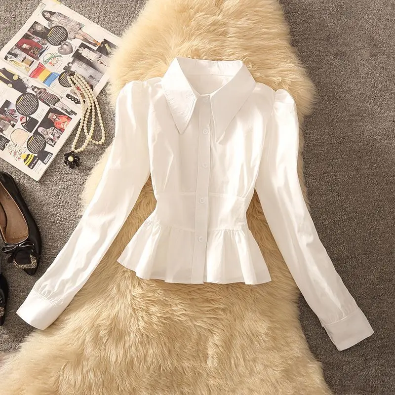 

Французский Sle White irt, женский весенне-осенний новый милый мягкий пояс с завязками, длинный кукольный воротник све, очаровательный дышащий топ