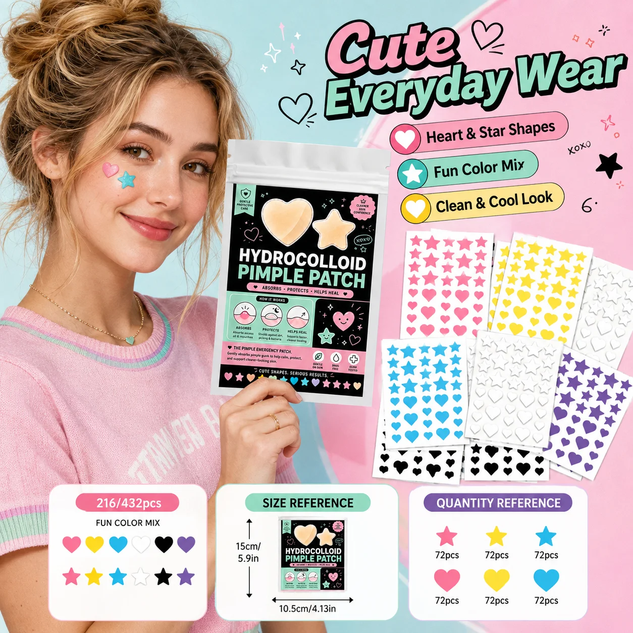 216/432Pcs Cute Star & Heart Hydrocolloid Facial Patches, 8 Colors Invisible Blemish Cover Stickers, Gentle Skin Care, Day & Nig