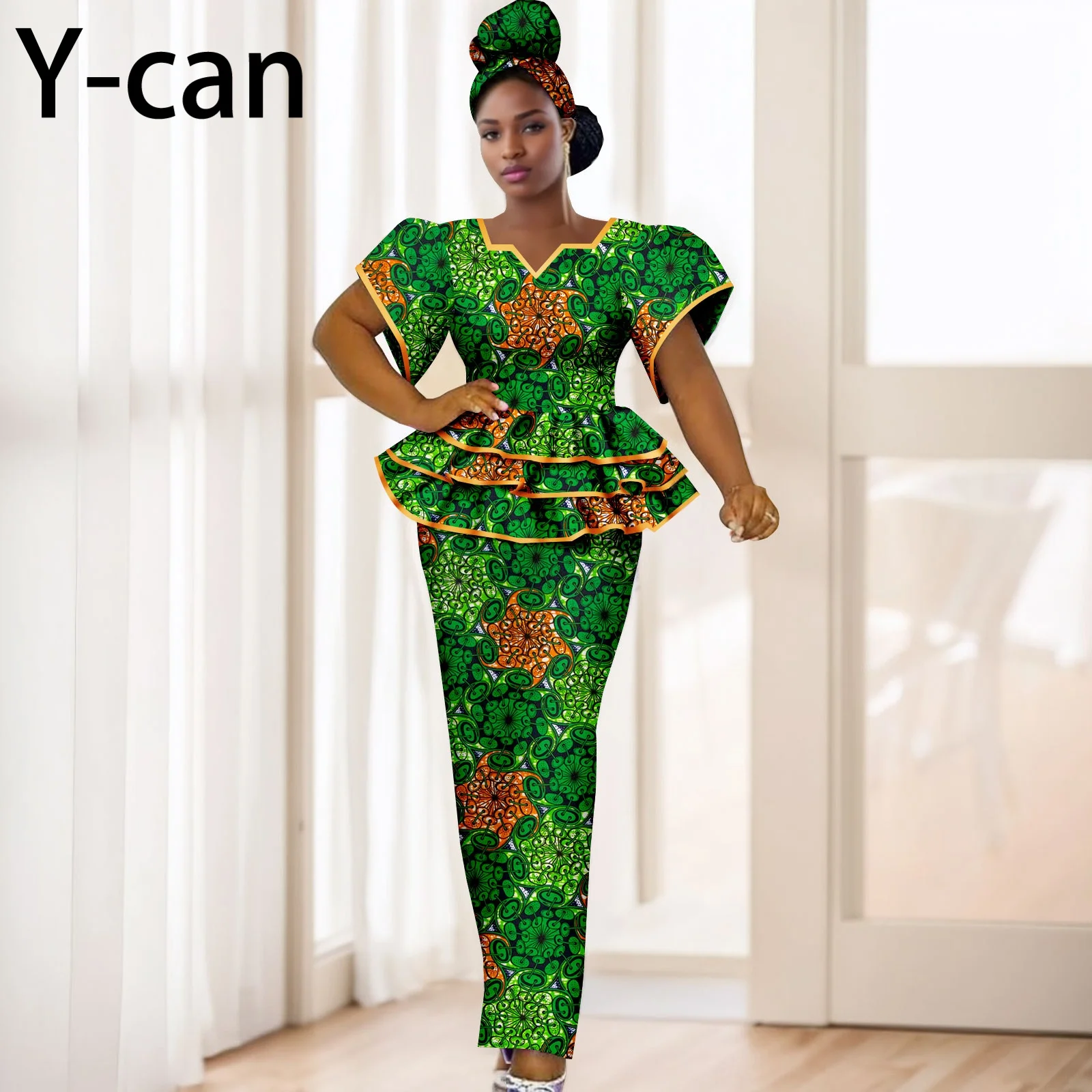 

Elegant African Dresses for Women Dashiki Ankara Print Puff Sleeve Ruffles Top and Skirt 2 Pieces Sets with Headscarf 2526032