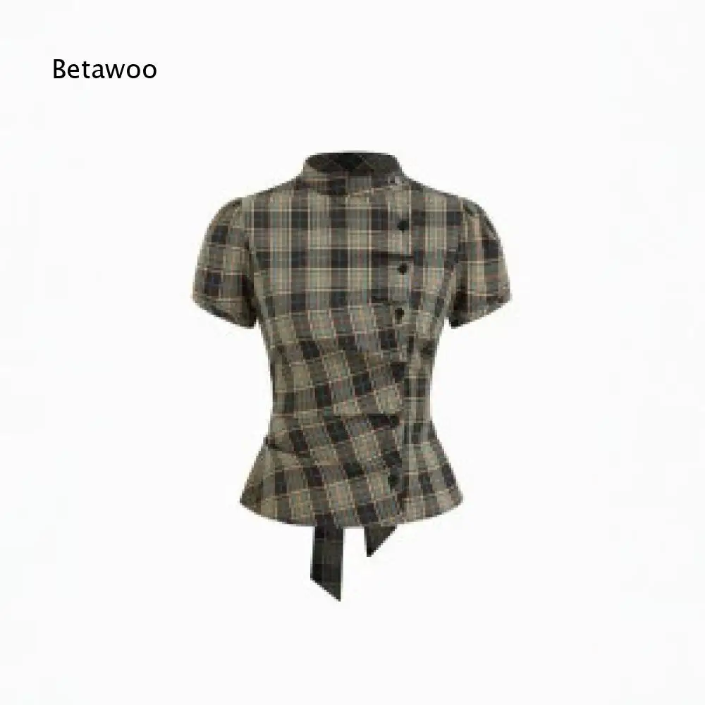 Womens Vintage Plaid Stand Collar Short Sleeve Shirt Asymmetrical Front Button Peplum Blouse With Rear Tie Decor For Daily Wear