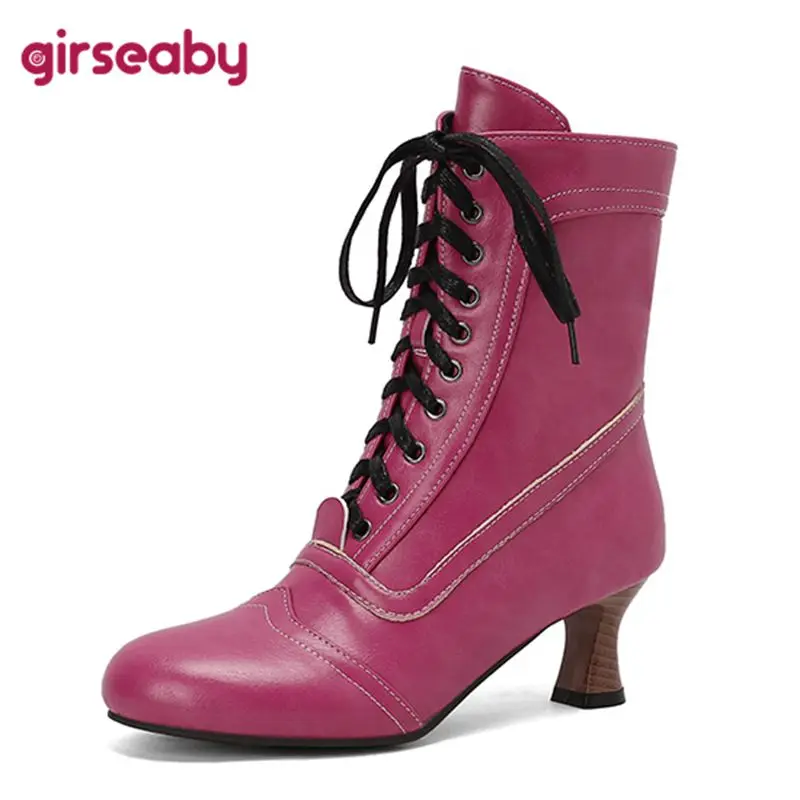 Girseaby Premium Classic Ladies Ankle ties Round Toe Heel 5.5cm Wide Fit 48 49 50 Zip Lace Workplace Short Footwear