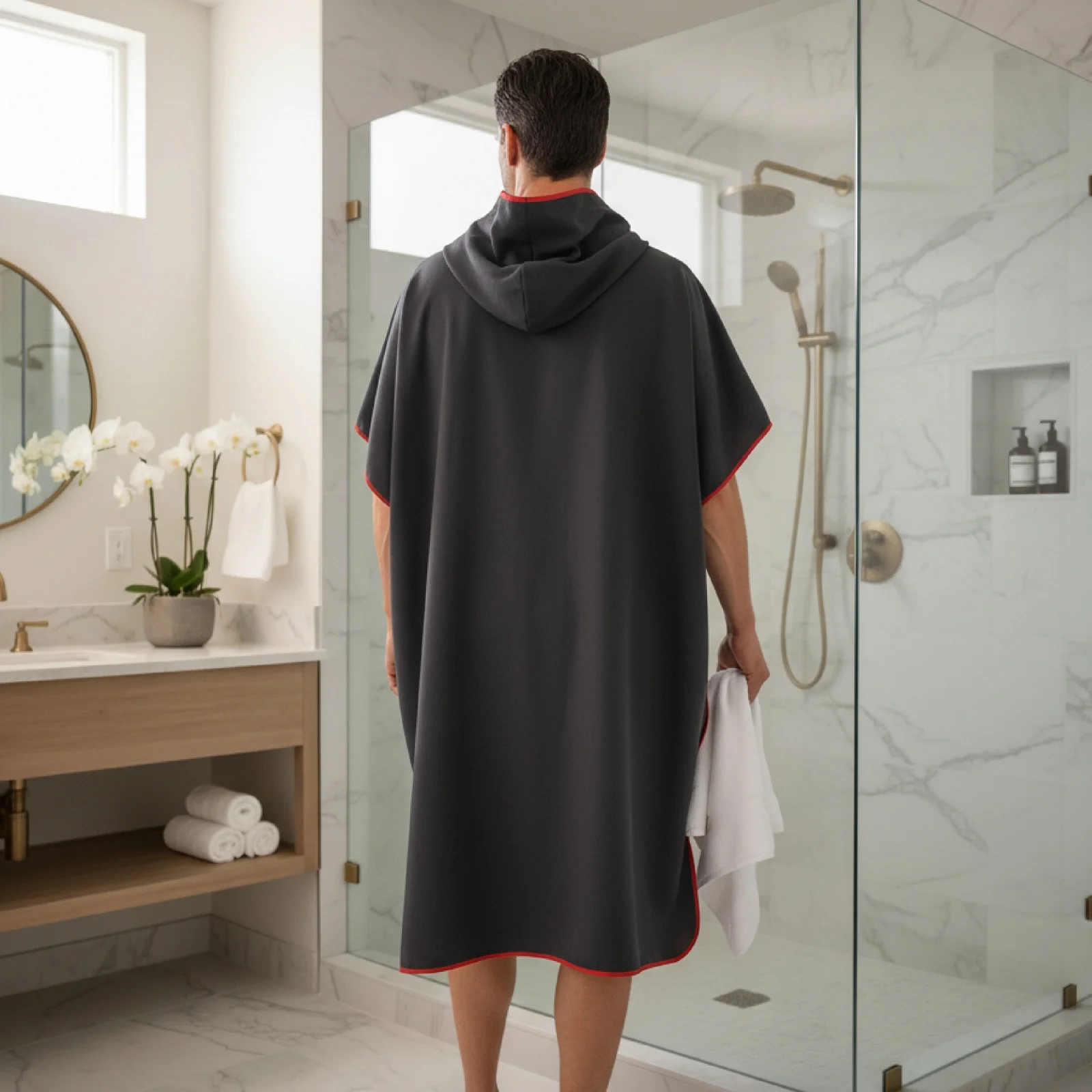 Quick Dry Poncho 80x100cm in Black/Orange/Gray, Portable Towel Cape for Outdoor, Pool, Travel & Gym